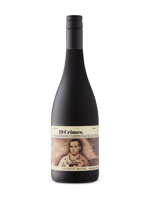 Wine bottle labeled '19 Crimes' on a white background