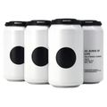 Four white beer cans with black labels on a white background