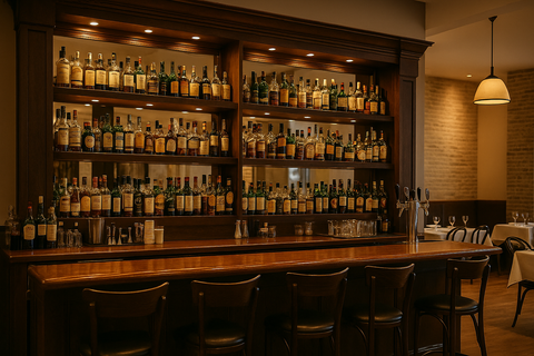 Bar with wooden shelves stocked with various bottles and chairs in a dimly lit room.