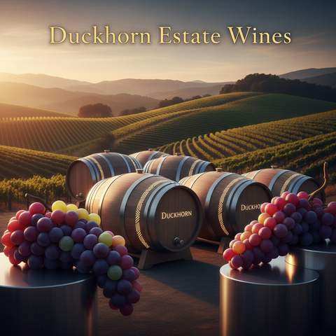 Duckhorn estate wine case pre-orders with vineyard landscapes, oak barrels, and premium grapes in an elegant design