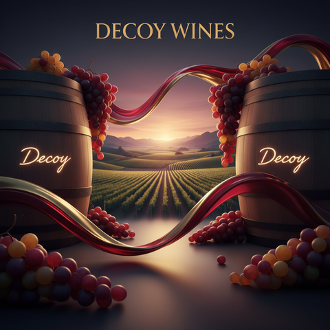 Decoy Wines case pre-orders featuring vineyard imagery, branded wine barrels, and grape clusters in a modern luxury design
