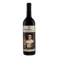 Wine bottle with a label featuring an image of a man on a white background