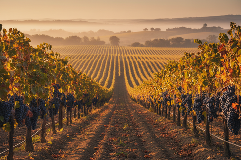 Create a luxury vineyard hero image inspired by Napa Valley at golden hour, featuring rolling vineyard rows and mature wine grapes. Use warm, refined tones with darker mid-tones and soft shadows so light text stands out clearly. Leave clean negative space in the center or upper third for headings. No bottles and no text baked into the image. The final look should feel cinematic, premium, and optimized for high-end e-commerce.