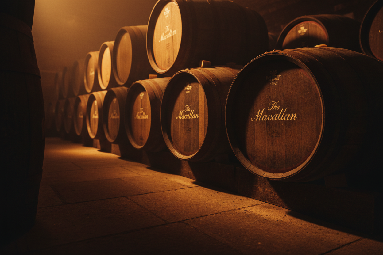 Dark luxury whisky hero background inspired by The Macallan, premium oak whisky barrels with “The Macallan” subtly branded, deep mahogany and rich oak tones, warm amber highlights, soft cinematic lighting, elegant shadows, minimal editorial style, negative space for heading, no extra text
