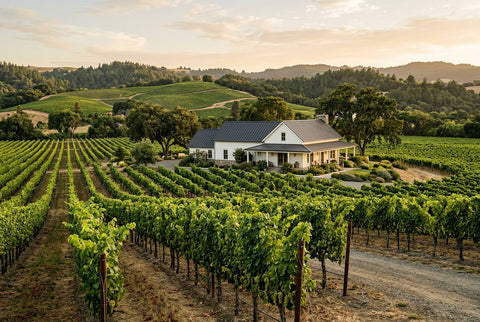 Napa Valley vineyard rows and farmhouse winery at golden hour