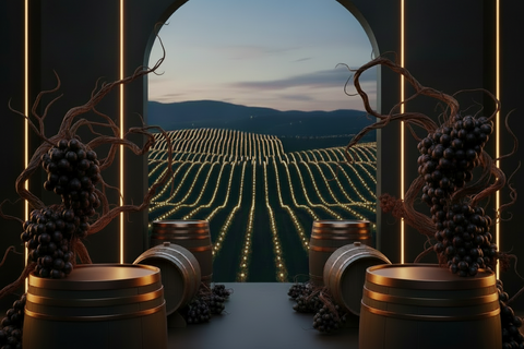 Duckhorn Portfolio vineyards with premium wine bottles, oak barrels, and estate scenery in a modern luxury design