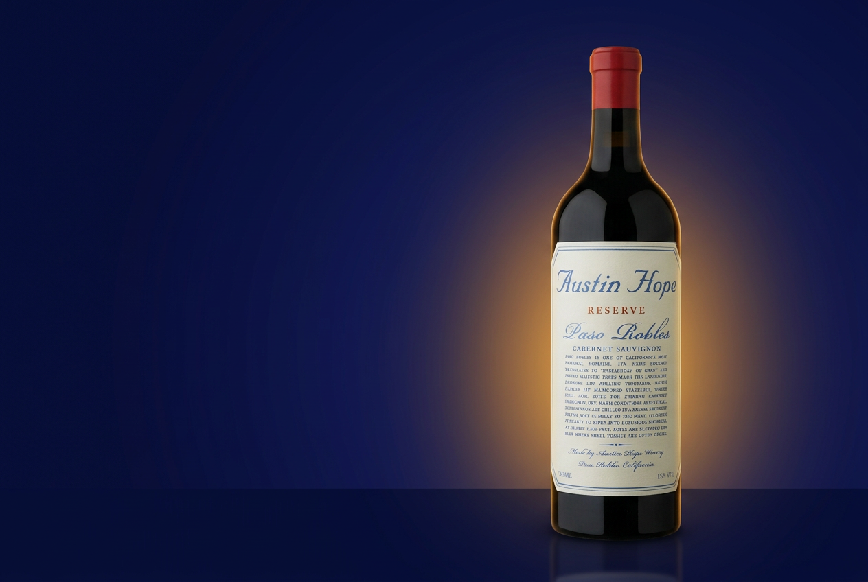 Austin Hope Reserve Cabernet Sauvignon bottle on a navy background