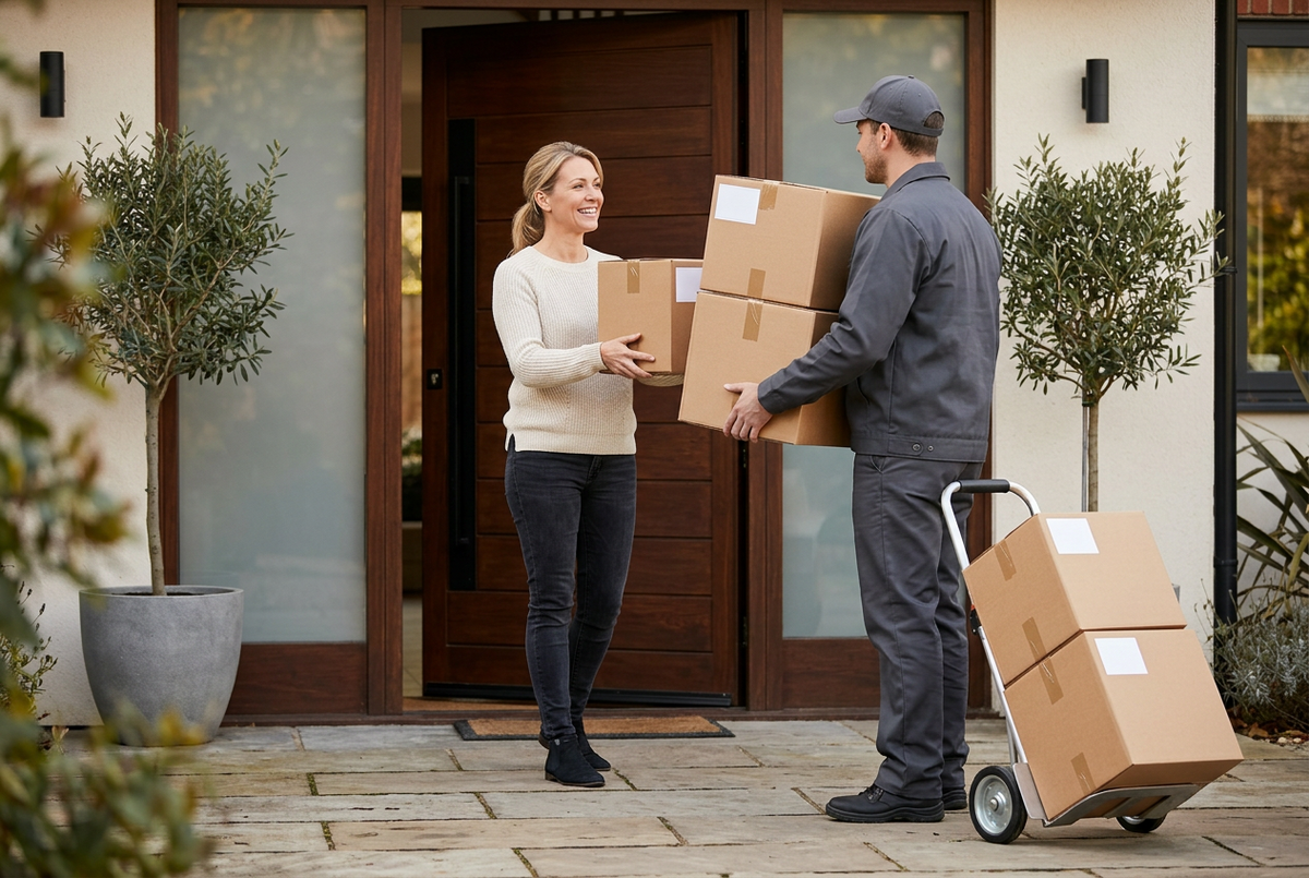 Courier delivering five wine shipping boxes to a customer front door